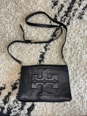 Tory Burch Black Pebbled Leather Crossbody with Logo Emboss